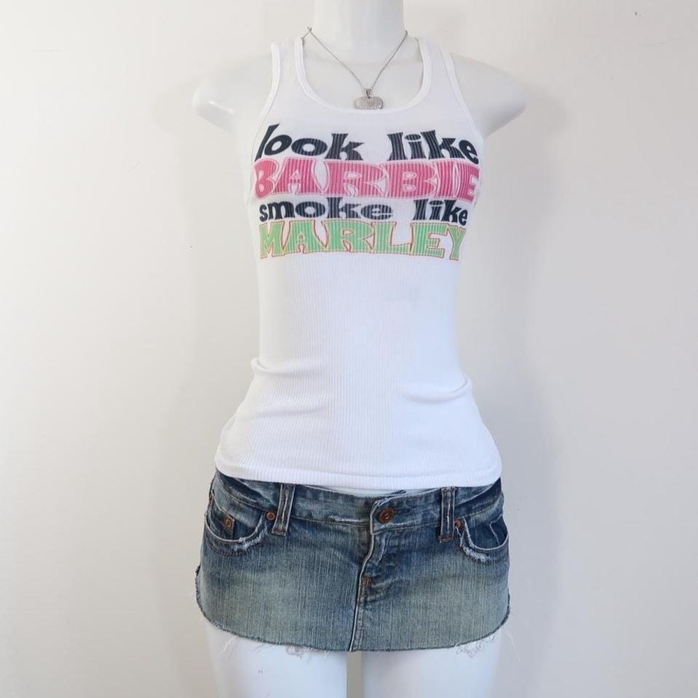 y2k barbie marley slogan ribbed tank pink green graphic